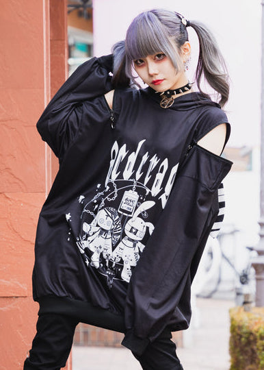 ACDC Rag Mill & Nero Moon Bunny Black White Oversized Hoodie on model showing cold-shoulder cutout — front view
