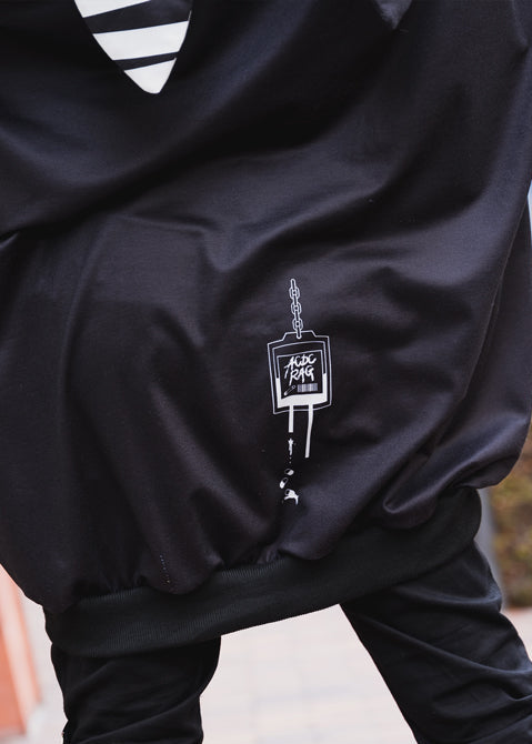 ACDC Rag Mill & Nero Moon Bunny Hoodie close-up of zip hem pocket and striped bunny ear detail