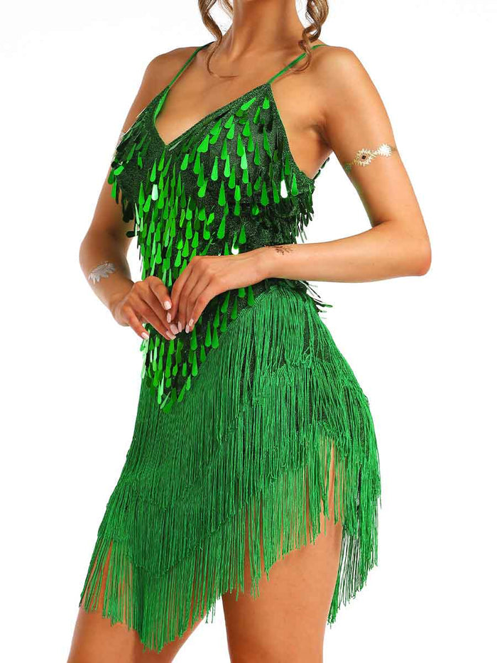 Mini Green Sequin Fringe Dress