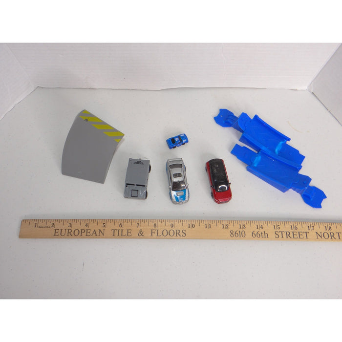 Mixed Die Cast Toy Vehicle Lot with Track Pieces and Ramp 4 Cars Gray Red Blue1