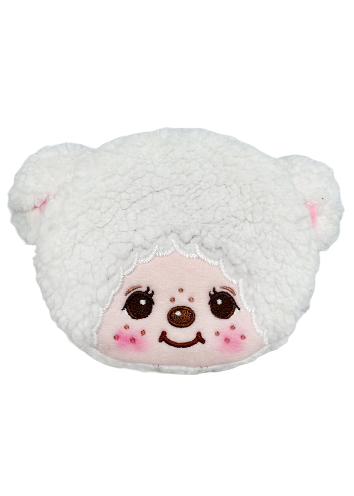Sekiguchi Monchhichi Cham Cham Bear Face Plush Coin Bag in white with embroidered Cham Cham Bear face and bell charm on sherpa plush kawaii coin bag — front view