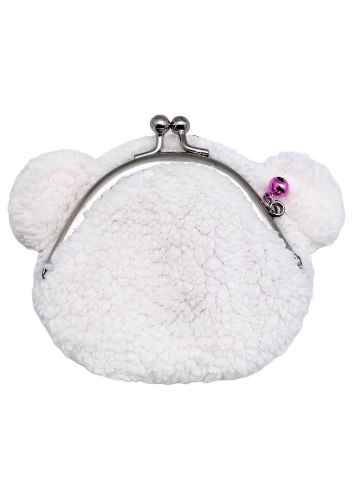 Sekiguchi Monchhichi Cham Cham Bear Face Plush Coin Bag in white with embroidered Cham Cham Bear face and bell charm on sherpa plush kawaii coin bag — back view