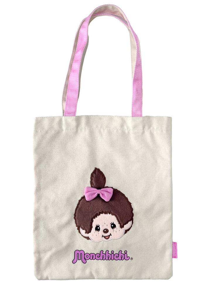 Sekiguchi Monchhichi-Chan Face Canvas Tote in brown pink with embroidered Monchhichi-Chan face on cotton canvas kawaii festival tote — front view