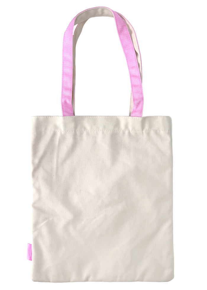 Sekiguchi Monchhichi-Chan Face Canvas Tote in brown pink with embroidered Monchhichi-Chan face on cotton canvas kawaii festival tote — back view