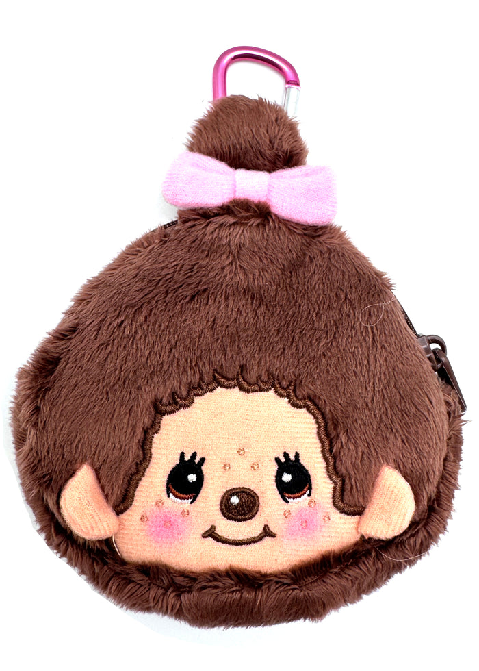 Sekiguchi Monchhichi-Chan Face Plush Carabiner Coin Pouch in brown with embroidered Monchhichi-Chan face on soft plush kawaii wristlet — front view