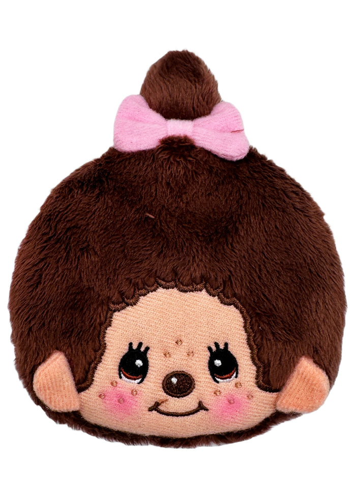 Sekiguchi Monchhichi-Chan Face Plush Coin Bag in brown with embroidered Monchhichi-Chan face and bell charm on soft plush kawaii coin bag — front view