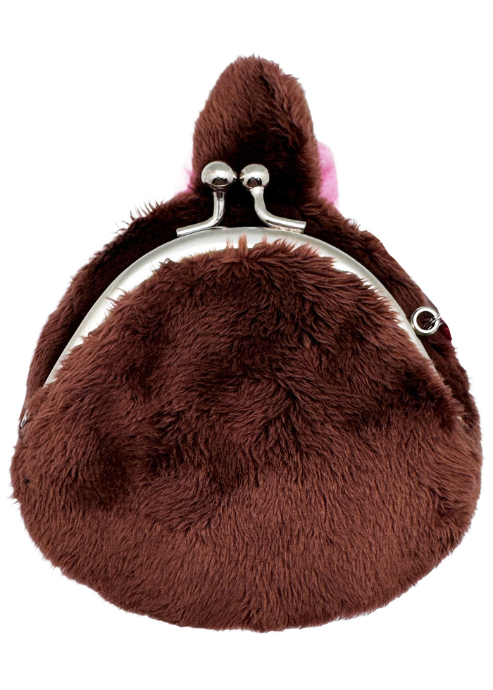 Sekiguchi Monchhichi-Chan Face Plush Coin Bag in brown with embroidered Monchhichi-Chan face and bell charm on soft plush kawaii coin bag — back view