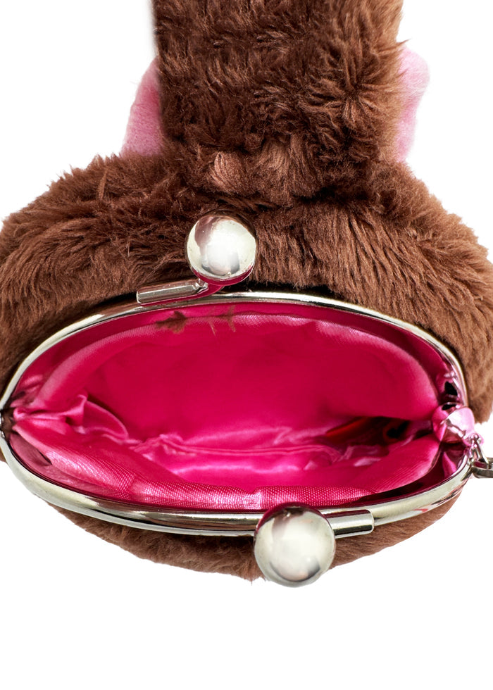 Sekiguchi Monchhichi-Chan Face Plush Coin Bag in brown with embroidered Monchhichi-Chan face and bell charm on soft plush kawaii coin bag — detail view