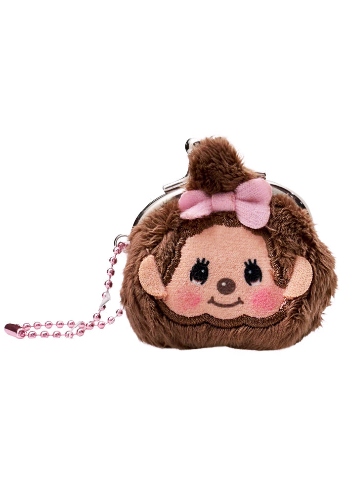 Sekiguchi Monchhichi-Chan Face Plush Mini Coin Bag in brown with embroidered Monchhichi-Chan face on soft plush kawaii mini coin bag — front view