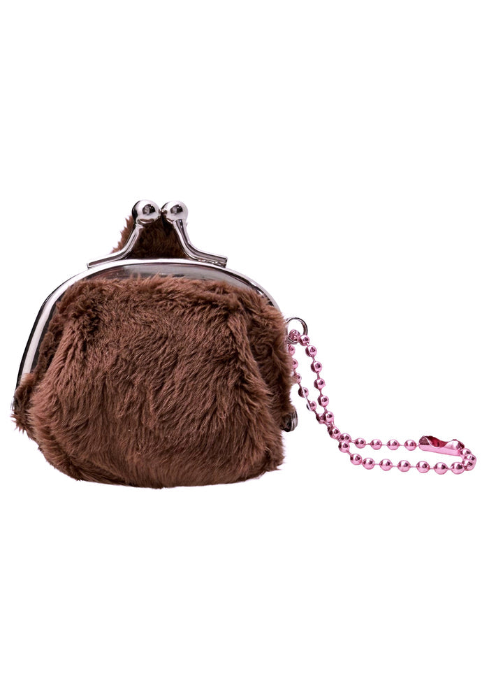 Sekiguchi Monchhichi-Chan Face Plush Mini Coin Bag in brown with embroidered Monchhichi-Chan face on soft plush kawaii mini coin bag — back view