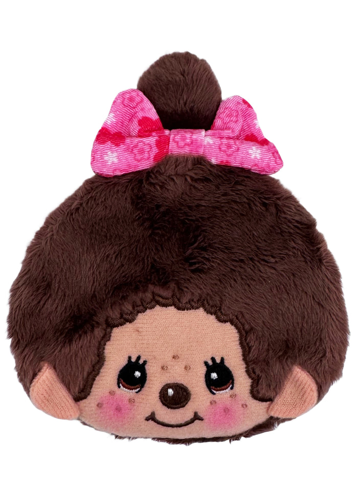 Sekiguchi Monchhichi-Chan Floral Bow Plush Coin Bag in brown with embroidered Monchhichi-Chan face and floral bow on kawaii plush coin bag — front view