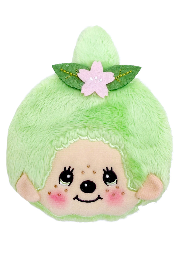 Sekiguchi Monchhichi-Chan Matcha Green Plush Coin Bag with embroidered Monchhichi-Chan face and sakura flower accent — front view
