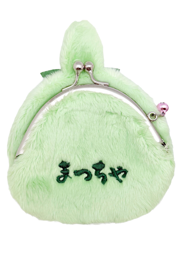Sekiguchi Monchhichi-Chan Matcha Green Plush Coin Bag with embroidered Japanese text and green bell charm — back view