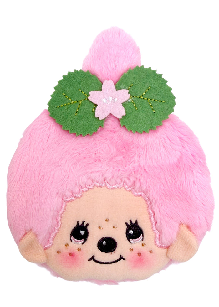 Sekiguchi Monchhichi-Chan Sakura Mochi Pink Plush Coin Bag with embroidered Monchhichi-Chan face and double leaf accent — front view