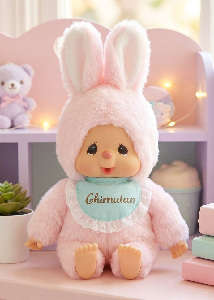 Sekiguchi Monchhichi Chimutan Bunny Medium Plush Doll styled on pastel shelf with fairy lights — lifestyle view