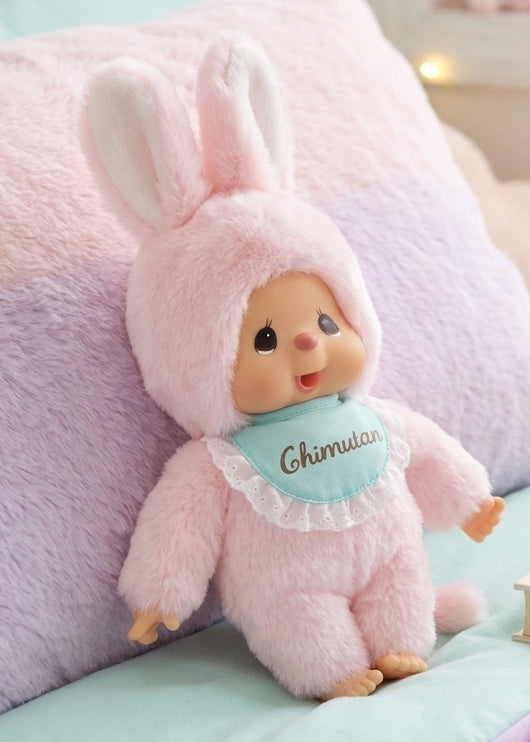 Sekiguchi Monchhichi Chimutan Bunny Small Plush Doll styled on pastel cushion — lifestyle view