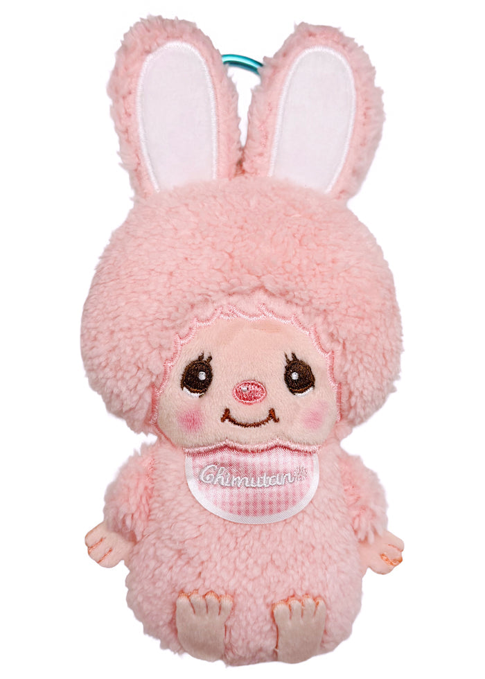 Sekiguchi Monchhichi Chimutan Pink Bunny Plush Mascot Carabiner Pouch in pink with Chimutan bunny plush figure and carabiner hook on kawaii mascot pouch — front view
