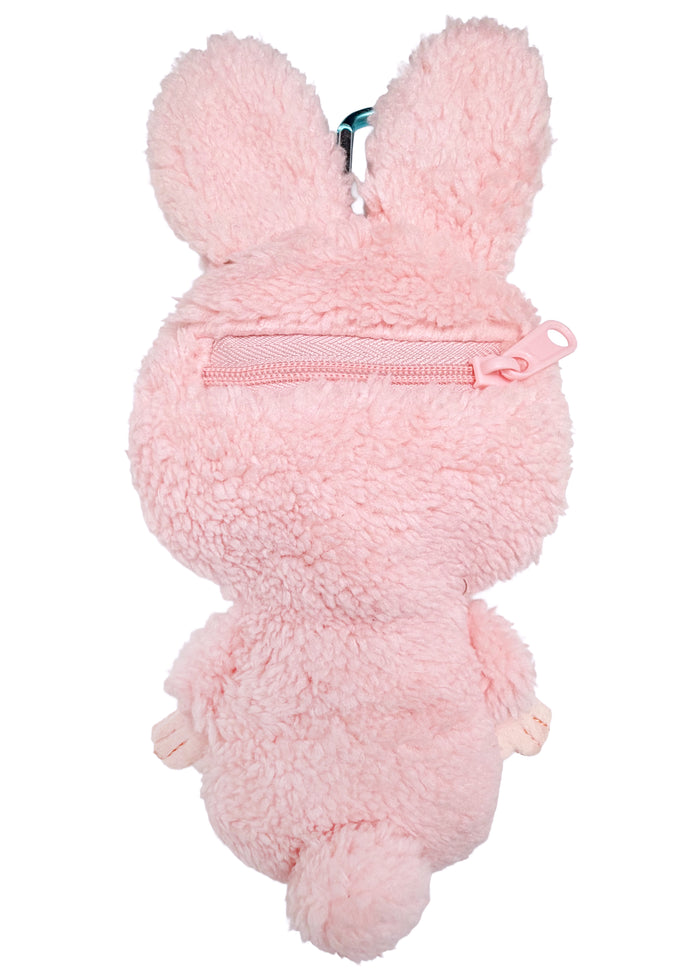 Sekiguchi Monchhichi Chimutan Pink Bunny Plush Mascot Carabiner Pouch in pink with Chimutan bunny plush figure and carabiner hook on kawaii mascot pouch — back view