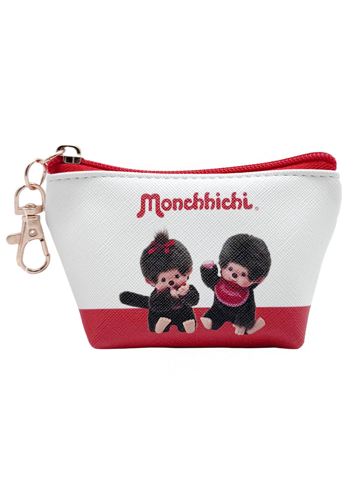 Sekiguchi Monchhichi Classic Mini Coin Pouch in red white with Monchhichi classic face print on vegan leather kawaii mini coin pouch — front view