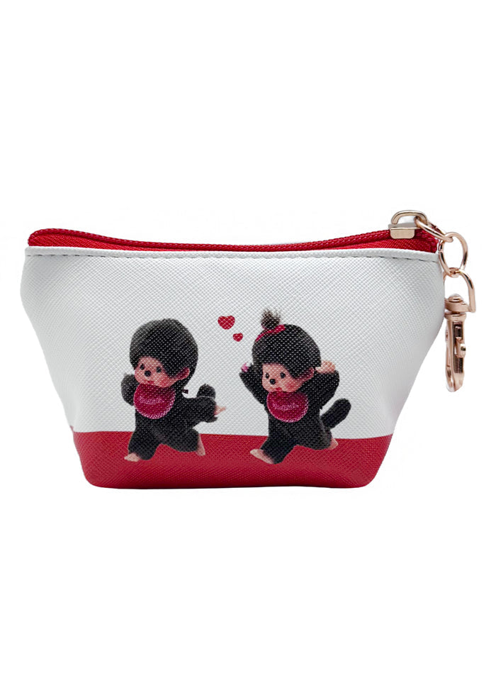 Sekiguchi Monchhichi Classic Mini Coin Pouch in red white with Monchhichi classic face print on vegan leather kawaii mini coin pouch — back view