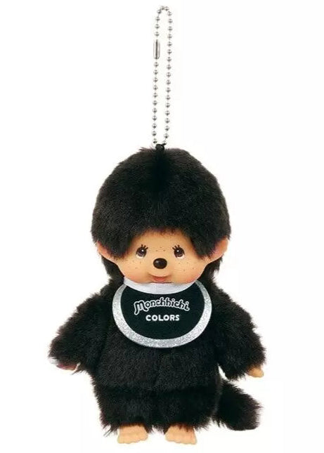 Sekiguchi Monchhichi Colors Black Plush Mascot Keychain with graphic face and fabric bib detail — front view