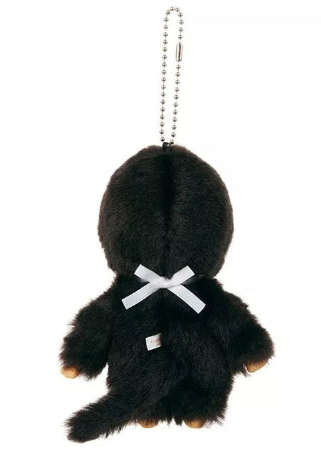 Sekiguchi Monchhichi Colors Black Plush Mascot Keychain with white ribbon and ball chain — back view