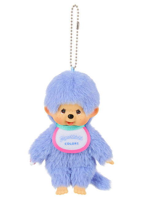 Sekiguchi Monchhichi Colors Neon Blue Plush Mascot Keychain in blue with faux fur Monchhichi body and ball chain on kawaii rave accessory — front view