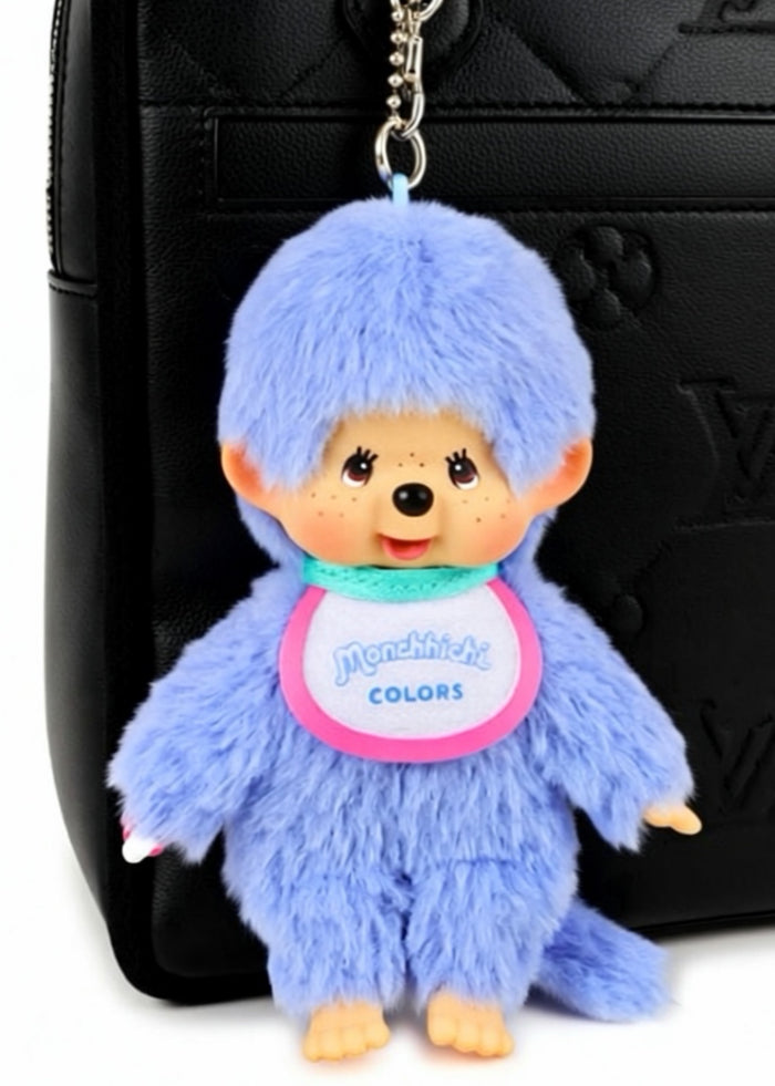 Sekiguchi Monchhichi Colors Neon Blue Plush Mascot Keychain in blue with faux fur Monchhichi body and ball chain on kawaii rave accessory — model view