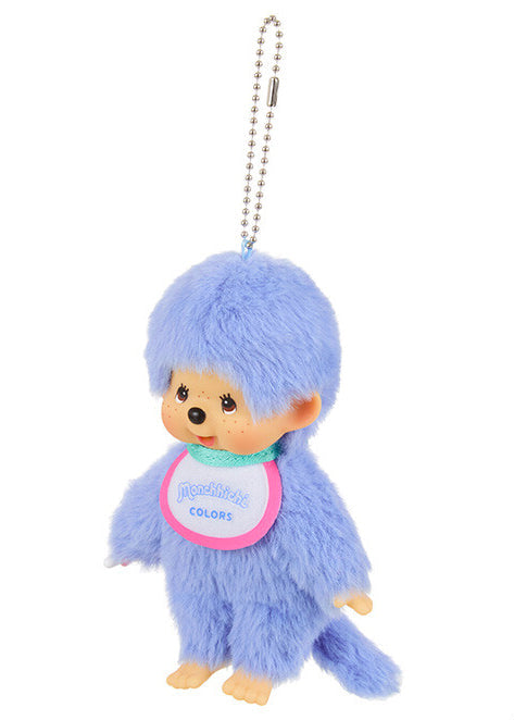 Sekiguchi Monchhichi Colors Neon Blue Plush Mascot Keychain in blue with faux fur Monchhichi body and ball chain on kawaii rave accessory — side view