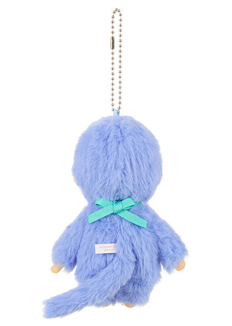 Sekiguchi Monchhichi Colors Neon Blue Plush Mascot Keychain in blue with faux fur Monchhichi body and ball chain on kawaii rave accessory — back view