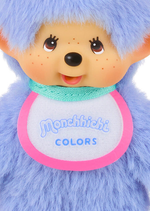 Sekiguchi Monchhichi Colors Neon Blue Plush Mascot Keychain in blue with faux fur Monchhichi body and ball chain on kawaii rave accessory — face detail view