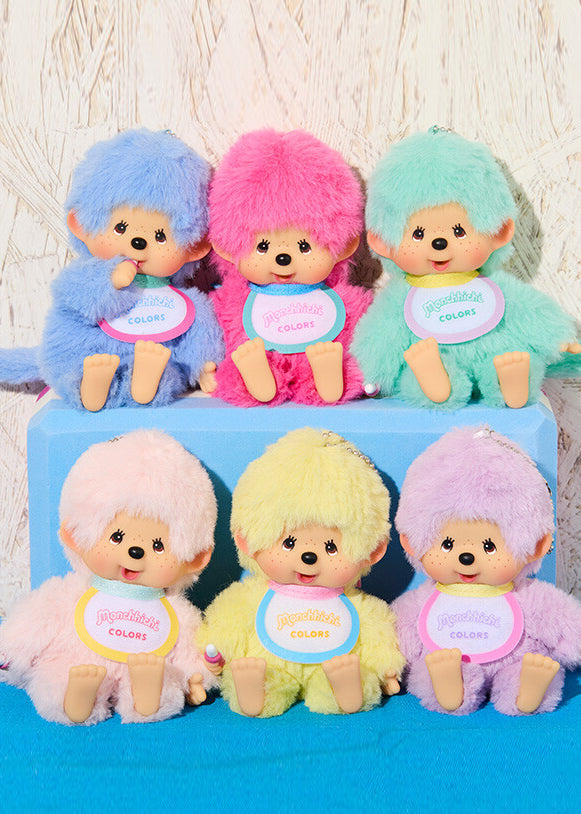 Sekiguchi Monchhichi Colors Neon Blue Plush Mascot Keychain in blue with faux fur Monchhichi body and ball chain on kawaii rave accessory — body detail view