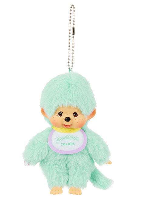 Sekiguchi Monchhichi Colors Neon Green Plush Mascot Keychain in green with faux fur Monchhichi body and ball chain on kawaii rave accessory — front view