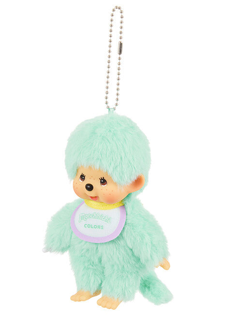 Sekiguchi Monchhichi Colors Neon Green Plush Mascot Keychain in green with faux fur Monchhichi body and ball chain on kawaii rave accessory — side view