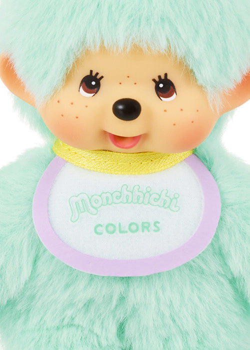 Sekiguchi Monchhichi Colors Neon Green Plush Mascot Keychain in green with faux fur Monchhichi body and ball chain on kawaii rave accessory — face detail view