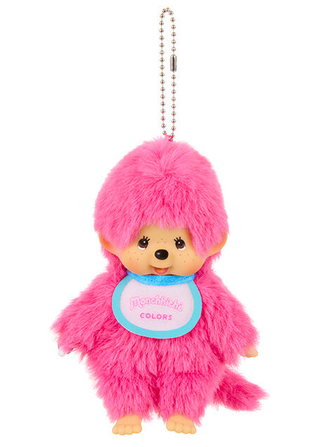 Sekiguchi Monchhichi Colors Neon Pink Plush Mascot Keychain in pink with faux fur Monchhichi body and ball chain on kawaii rave accessory — front view