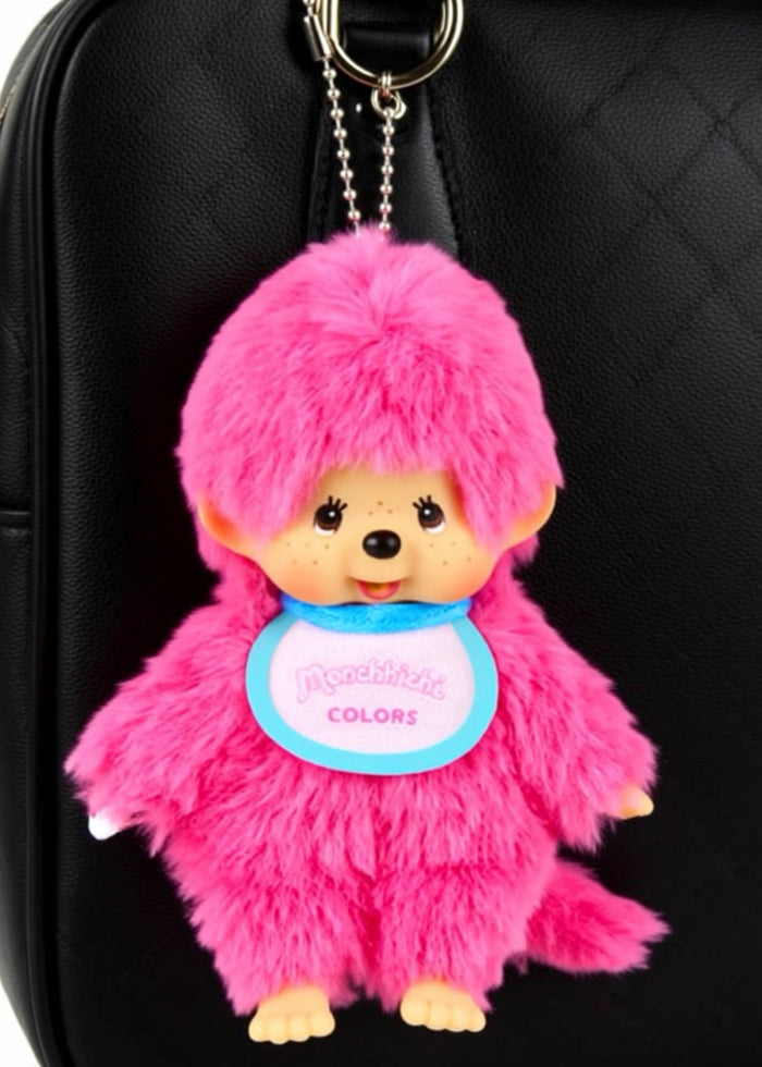 Sekiguchi Monchhichi Colors Neon Pink Plush Mascot Keychain in pink with faux fur Monchhichi body and ball chain on kawaii rave accessory — model view