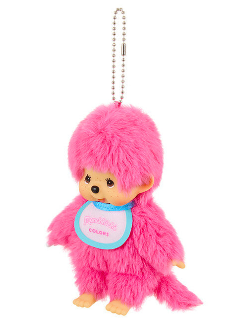 Sekiguchi Monchhichi Colors Neon Pink Plush Mascot Keychain in pink with faux fur Monchhichi body and ball chain on kawaii rave accessory — side view