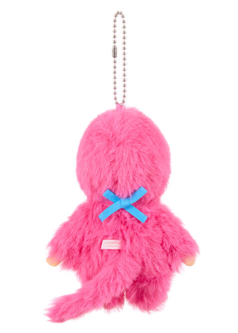 Sekiguchi Monchhichi Colors Neon Pink Plush Mascot Keychain in pink with faux fur Monchhichi body and ball chain on kawaii rave accessory — back view
