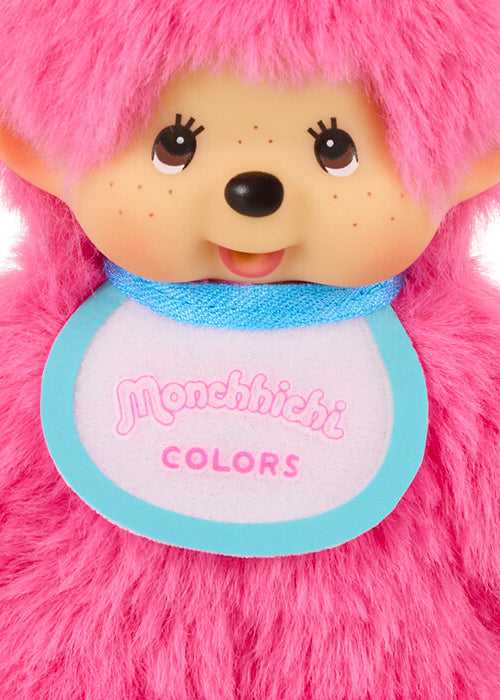 Sekiguchi Monchhichi Colors Neon Pink Plush Mascot Keychain in pink with faux fur Monchhichi body and ball chain on kawaii rave accessory — face detail view