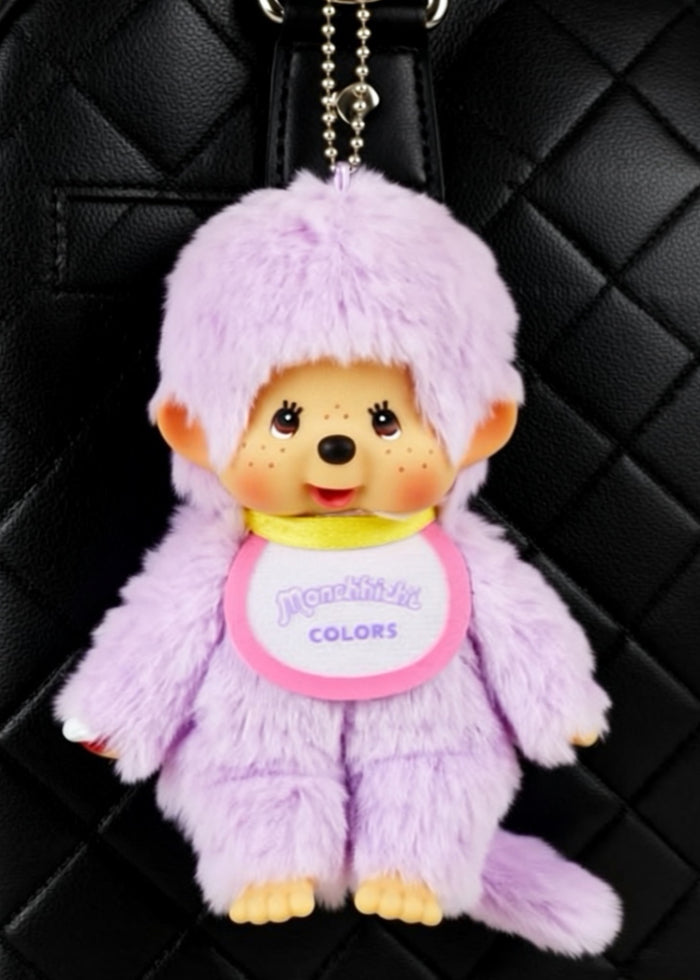 Sekiguchi Monchhichi Colors Neon Purple Plush Mascot Keychain in purple with faux fur Monchhichi body and ball chain on kawaii rave accessory — model view