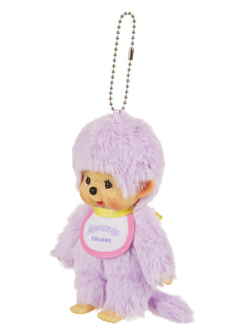 Sekiguchi Monchhichi Colors Neon Purple Plush Mascot Keychain in purple with faux fur Monchhichi body and ball chain on kawaii rave accessory — side view