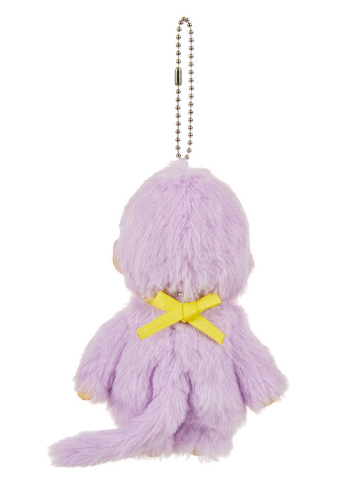Sekiguchi Monchhichi Colors Neon Purple Plush Mascot Keychain in purple with faux fur Monchhichi body and ball chain on kawaii rave accessory — back view