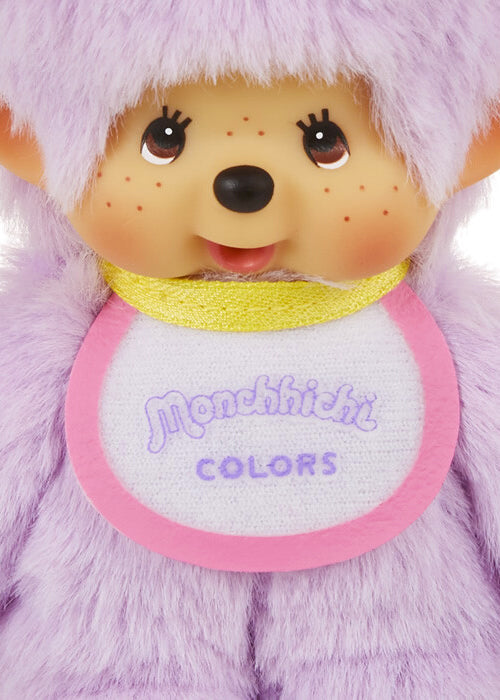 Sekiguchi Monchhichi Colors Neon Purple Plush Mascot Keychain in purple with faux fur Monchhichi body and ball chain on kawaii rave accessory — face detail view