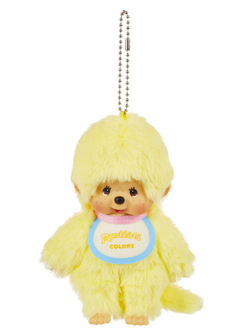 Sekiguchi Monchhichi Colors Neon Yellow Plush Mascot Keychain in yellow with faux fur Monchhichi body and ball chain on kawaii rave accessory — front view