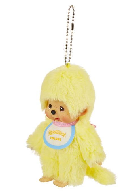 Sekiguchi Monchhichi Colors Neon Yellow Plush Mascot Keychain in yellow with faux fur Monchhichi body and ball chain on kawaii rave accessory — side view