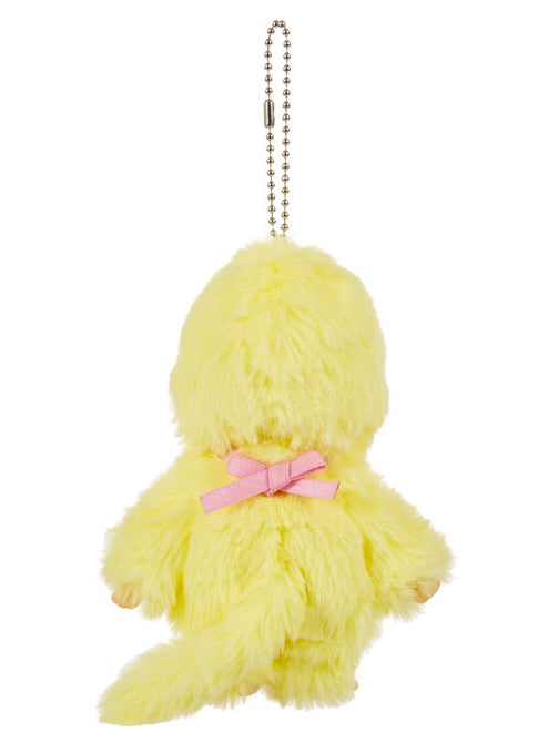 Sekiguchi Monchhichi Colors Neon Yellow Plush Mascot Keychain in yellow with faux fur Monchhichi body and ball chain on kawaii rave accessory — back view