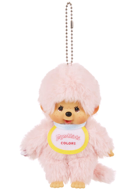 Sekiguchi Monchhichi Colors Pink Plush Mascot Keychain in pink with faux fur Monchhichi body and ball chain on kawaii rave accessory — front view