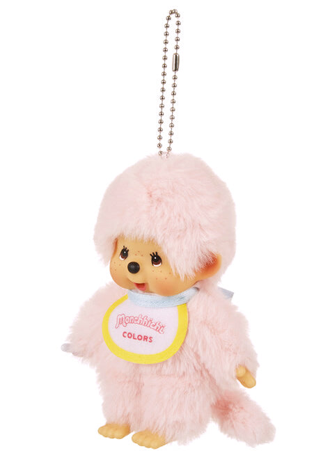 Sekiguchi Monchhichi Colors Pink Plush Mascot Keychain in pink with faux fur Monchhichi body and ball chain on kawaii rave accessory — side view