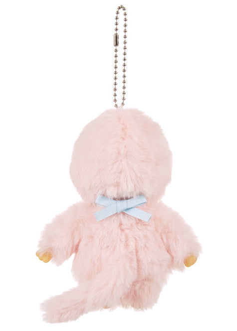Sekiguchi Monchhichi Colors Pink Plush Mascot Keychain in pink with faux fur Monchhichi body and ball chain on kawaii rave accessory — back view